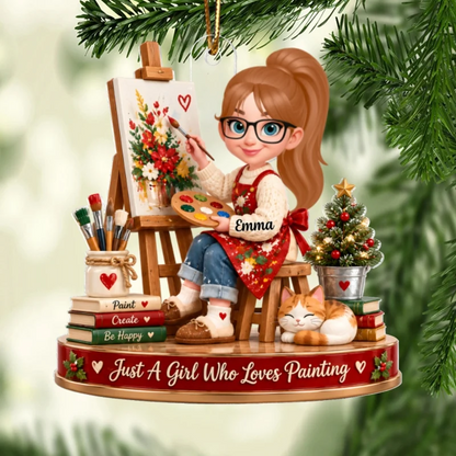Personalized Acrylic Ornament, Girl Painting by a Christmas Tree, Unique Gift for Granddaughter