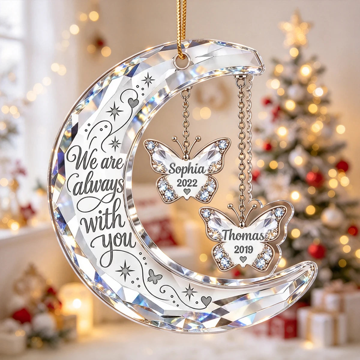 Personalized Acrylic Ornament, Crescent Moon and Butterfly Memorial for Evergreen Display, Unique Sympathy Gift