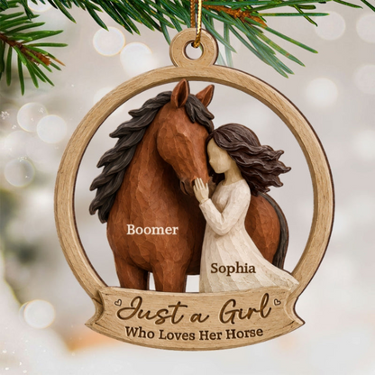 Personalized Wooden Ornament, Girl Hugging Horse in Rustic Brown Tones, Unique Christmas Gift for Horse Lover