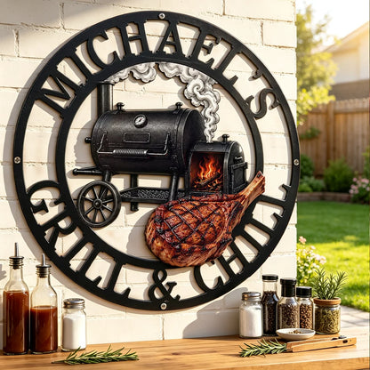 Custom Shaped Metal Sign, Personalized Black Grill & Chill Smoker Scene, Unique BBQ Gift for Dad or Grandpa
