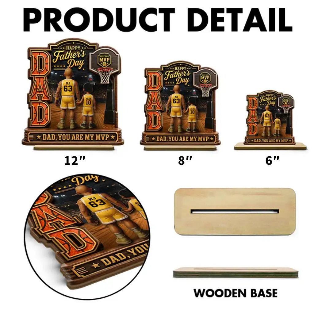 Personalized 2-Layer Wooden Plaque, Basketball Dad Holding Hands On Court, Unique Gift For Dad