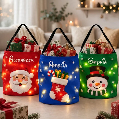 Personalized LED Light Up Basket with Santa, Snowman or Stocking, Unique Christmas Gift for Kids & Family
