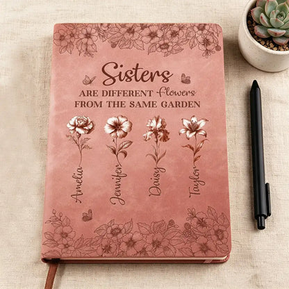 Personalized Sisters Leather Journal, Dusty Rose Flowers, Same Garden Quote, Unique Gift for Sister