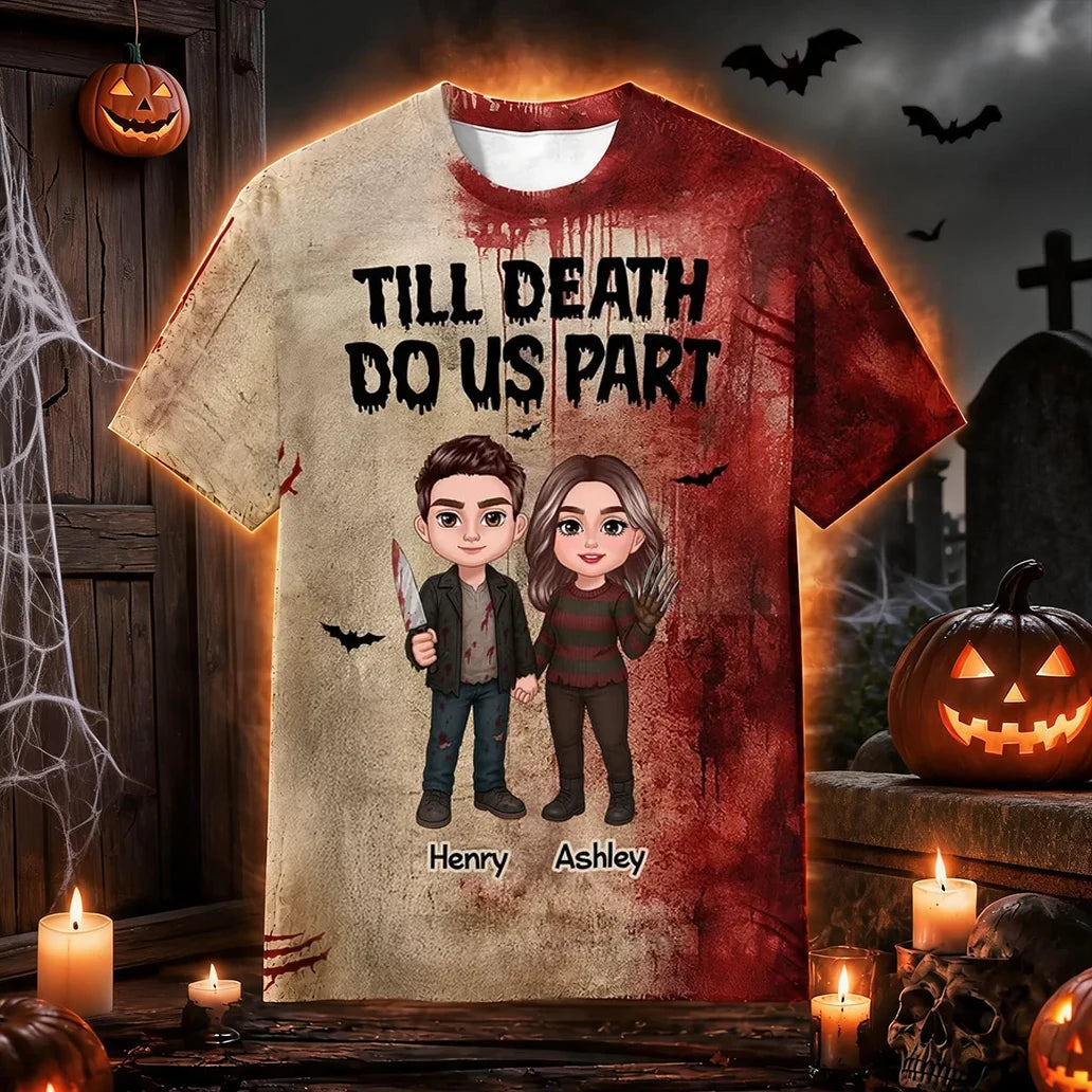 Till Death Do Us Part Personalized Printed Classic Tee, Red Horror Couple Art, Creative Gift for Couples