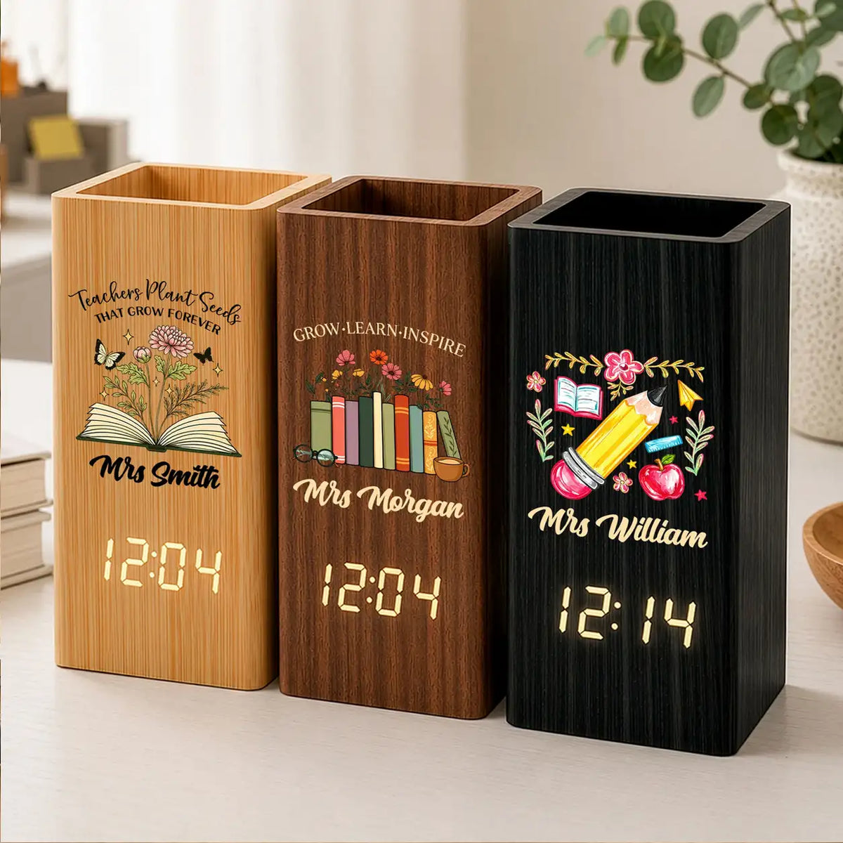 Wooden Pen Holder Clock for Teacher, Grow Learn Inspire Desk Organizer, Unique Creative Thank You Gift