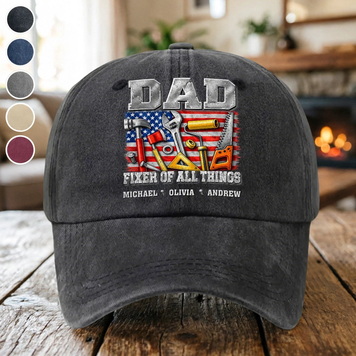 Personalized Washed Denim Baseball Cap - Dad Fixer Of All Things Tool Flag Design, Unique Gift For Father