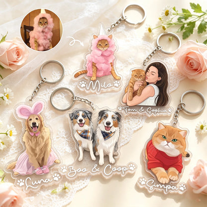 Custom Pet Portrait Acrylic Keychain, Cute Cartoon Dog Or Cat Charm Gift For Her & Pet Owners