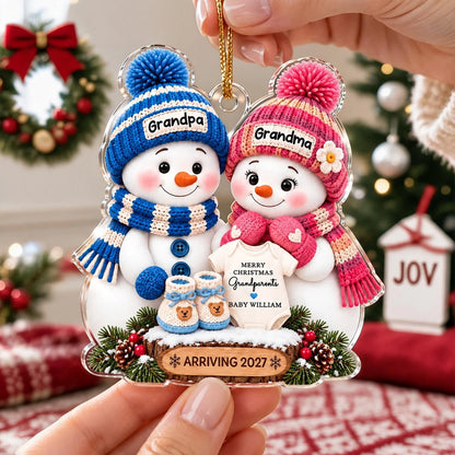 Personalized Acrylic Ornament, Cute Blue & Pink Snowman Grandparents with Baby Onesie, Unique Gift for Grandma & Grandpa