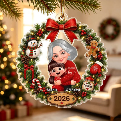 Personalized Acrylic Ornament, Red and Evergreen Grandma Hug Wreath, Unique Christmas Gift for Grandma