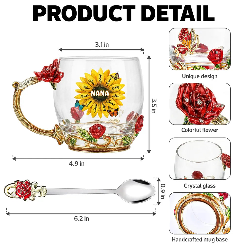 Personalized Enamel Flower Tea Cup with Sunflower Nana Design for Grandma - Unique Custom Gift for Her