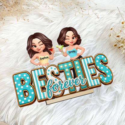 Besties Forever Wooden Plaque with Girls Raising Drinks, Creative Gift for Sister or Friend