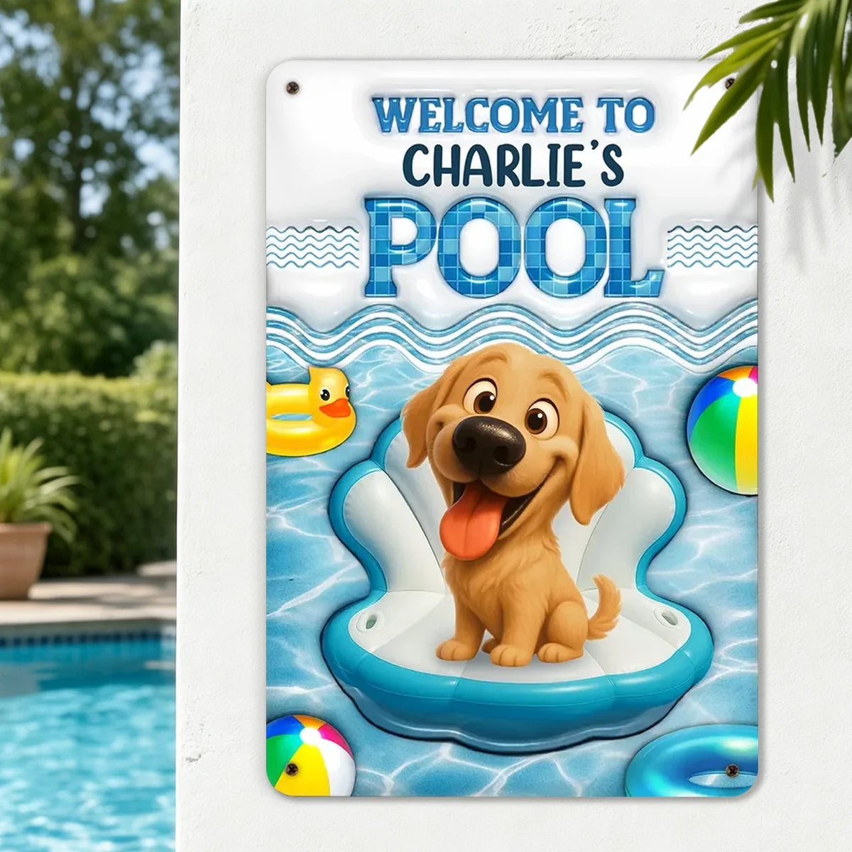 Personalized Iron Sign with Happy Cartoon Dog on Pool Float, Bright Pool Decor and Unique Gift for Dog Lovers