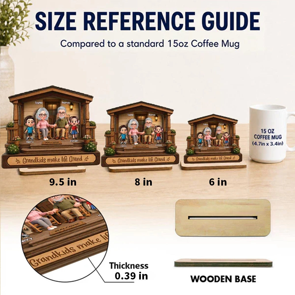 Personalized 2-Layer Wooden Plaque, Warm Cartoon Grandparents & Grandkids Porch Scene, Unique Gift for Grandparents