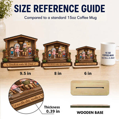 Personalized 2-Layer Wooden Plaque, Warm Cartoon Grandparents & Grandkids Porch Scene, Unique Gift for Grandparents