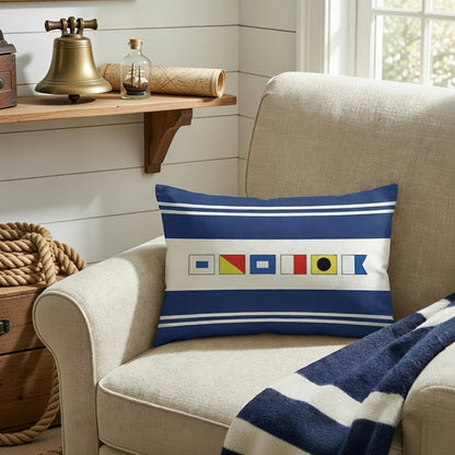 Navy Coastal Rectangular Pillow with Personalized Nautical Flags, Cozy Couch or Bed Decor, Meaningful Unique Gift