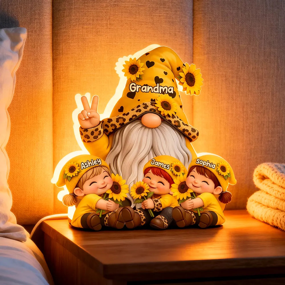 Personalized Grandma Gnome Acrylic Light Box With Sunflowers, Warm Glow Night Light, Unique Gift for Grandma
