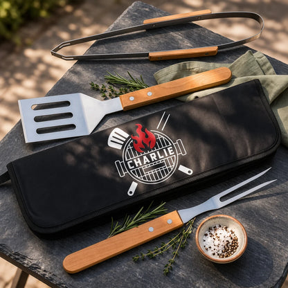 Personalized BBQ Tool Set with Black and Red Grill Graphic, Creative Gift for Backyard Cooks