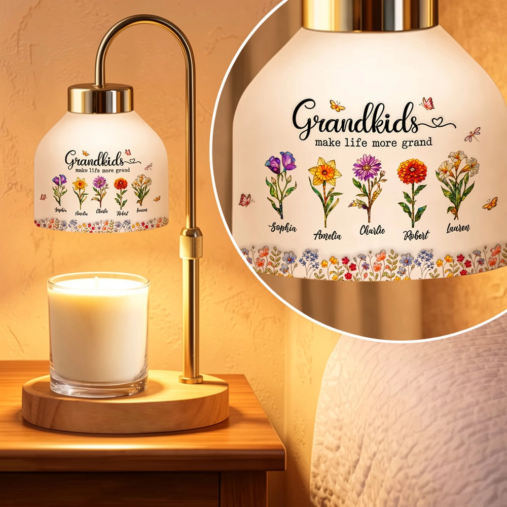 Personalized Candle Warmer Lamp with Grandkids Make Life More Grand Floral Art - Unique Mother's Day Gift for Grandma
