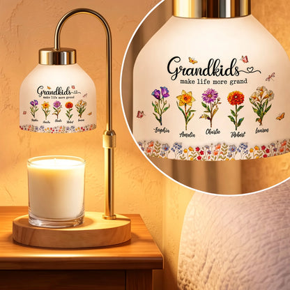 Personalized Candle Warmer Lamp with Grandkids Make Life More Grand Floral Art - Unique Mother's Day Gift for Grandma