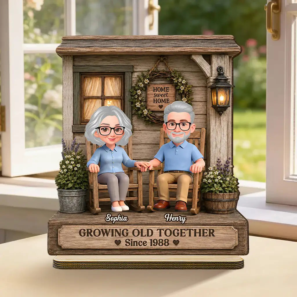 Growing Old Together 2-Layer Wooden Plaque, Rocking Chair Couple Holding Hands, Creative Anniversary Gift