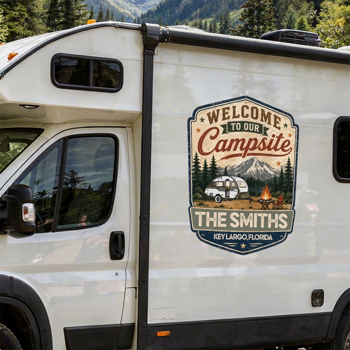 Personalized RV Sticker Decal, Vintage Campsite Camper Design, Unique Creative Gift for Campers