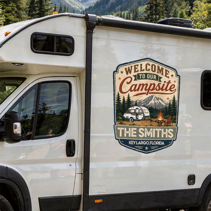 Personalized RV Sticker Decal, Vintage Campsite Camper Design, Unique Creative Gift for Campers