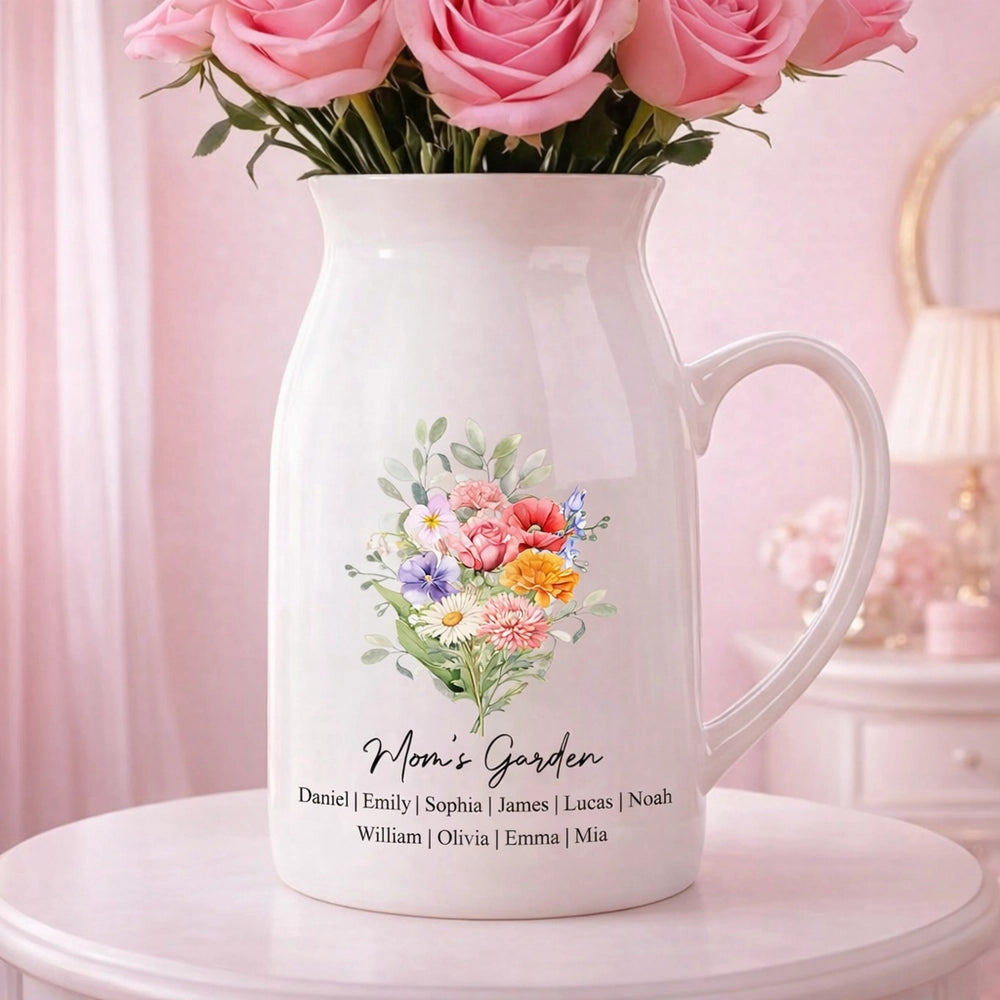 Personalized Handled Vase with Floral Bouquet Design for Dining Table or Entryway, Unique Gift for Mom