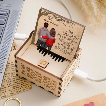 Personalized Wooden Music Box with Couple Hugging Back View Romantic Keepsake Decor A Unique Gift for Him or Her
