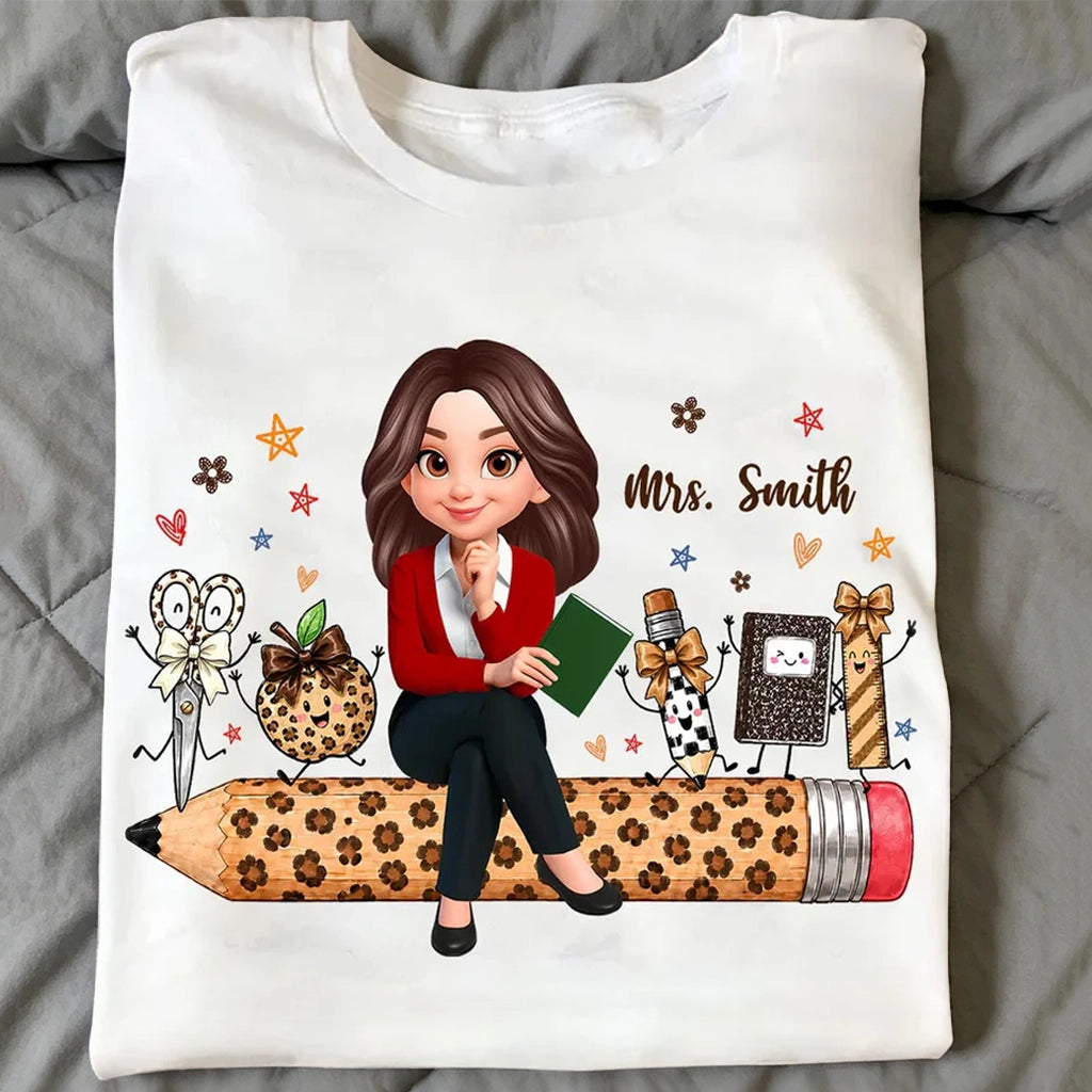 Personalized Teacher Classic Tee, Sitting Teacher & Leopard Apple, Unique Back to School Gift