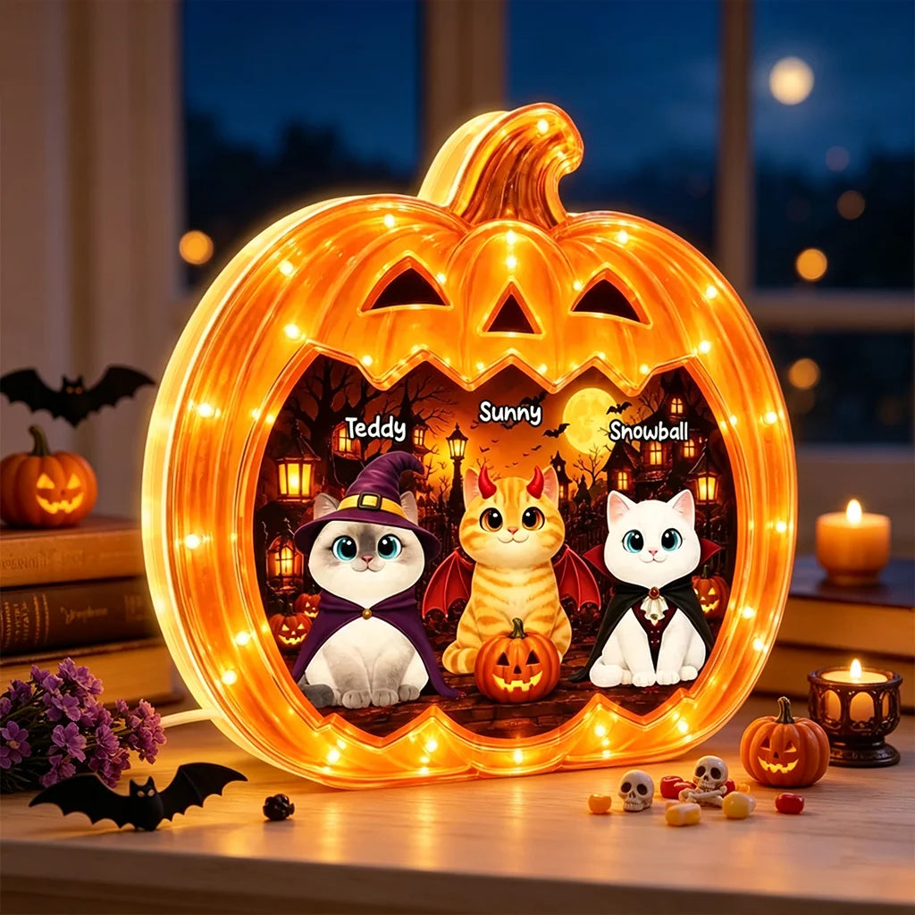 Personalized Acrylic Light Box, Spooky Pumpkin Cats with Warm Glow, Creative Gift for Cat Lovers