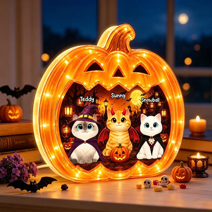 Personalized Acrylic Light Box, Spooky Pumpkin Cats with Warm Glow, Creative Gift for Cat Lovers