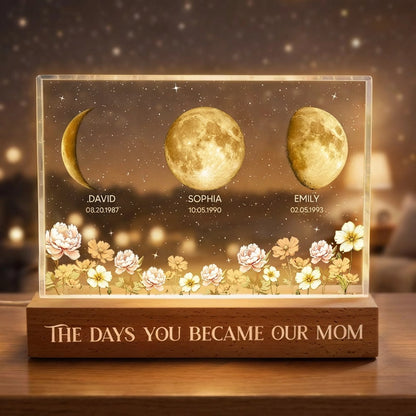 The Days You Became Our Mom Block LED Light Plaque, Custom Night Light for Bedroom or Office Desk, Meaningful Gift