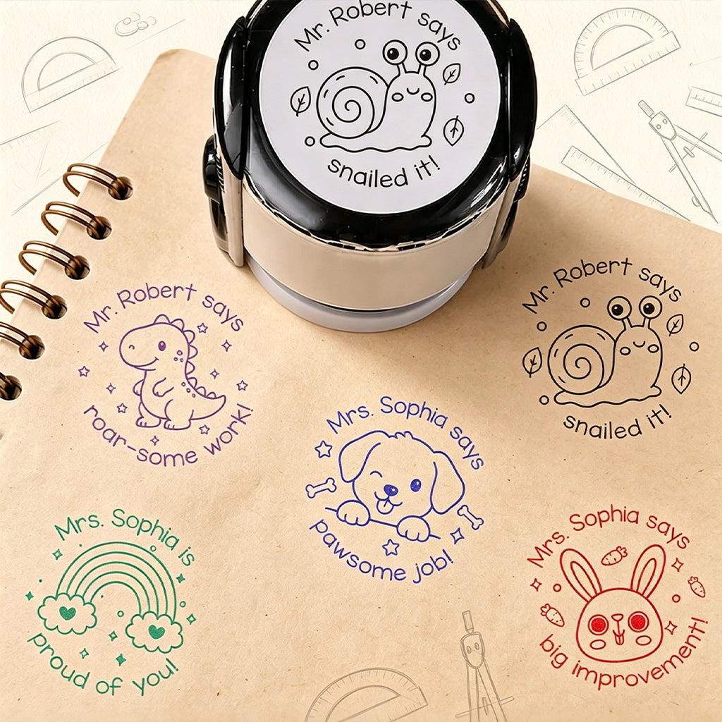 Round Self-Inking Stamp, Personalized Teacher Feedback with Cute Animal Phrases, Unique Creative Gift for Educators