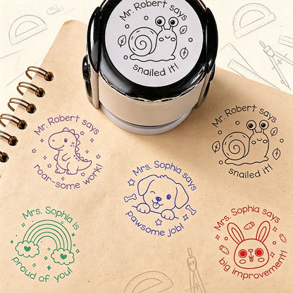 Round Self-Inking Stamp, Personalized Teacher Feedback with Cute Animal Phrases, Unique Creative Gift for Educators