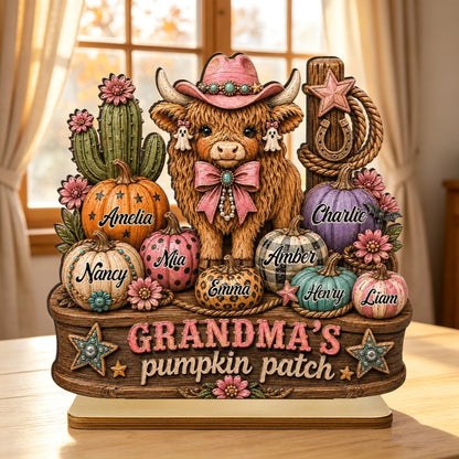 Personalized 2-Layer Wooden Plaque, Grandma's Pumpkin Patch, Western Highland Cow, Unique Creative Gift
