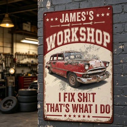 Personalized Rectangular Iron Sign, Vintage Red Car Workshop Decor, Unique Gift for Dad & Car Enthusiast