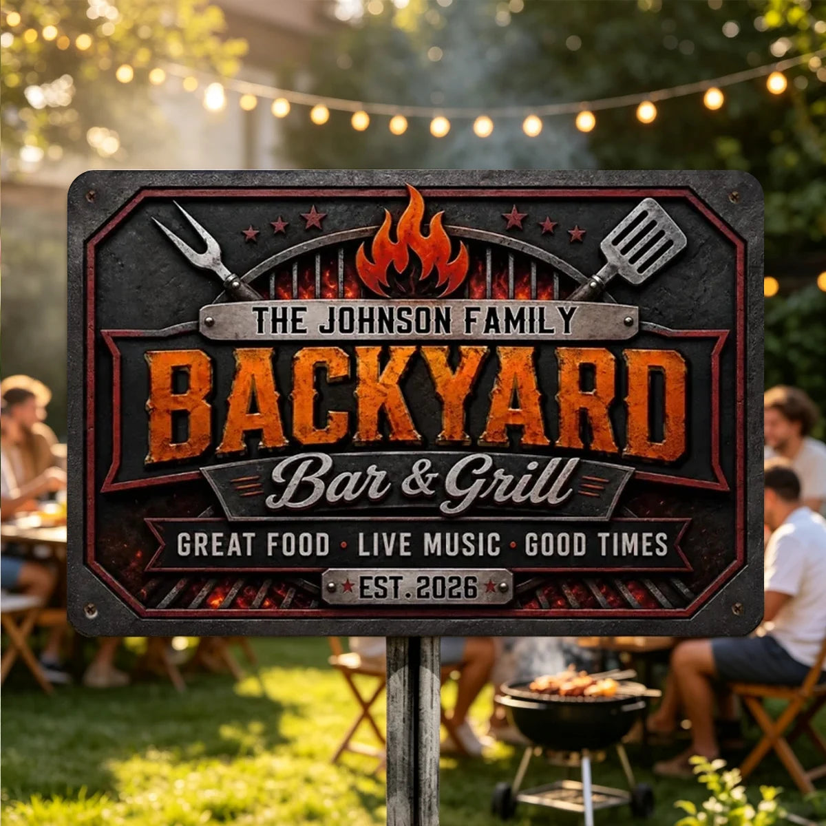 Personalized Rectangular Iron Sign, Vintage Flame Backyard Bar & Grill Decor, Unique Gift for Family Hosts