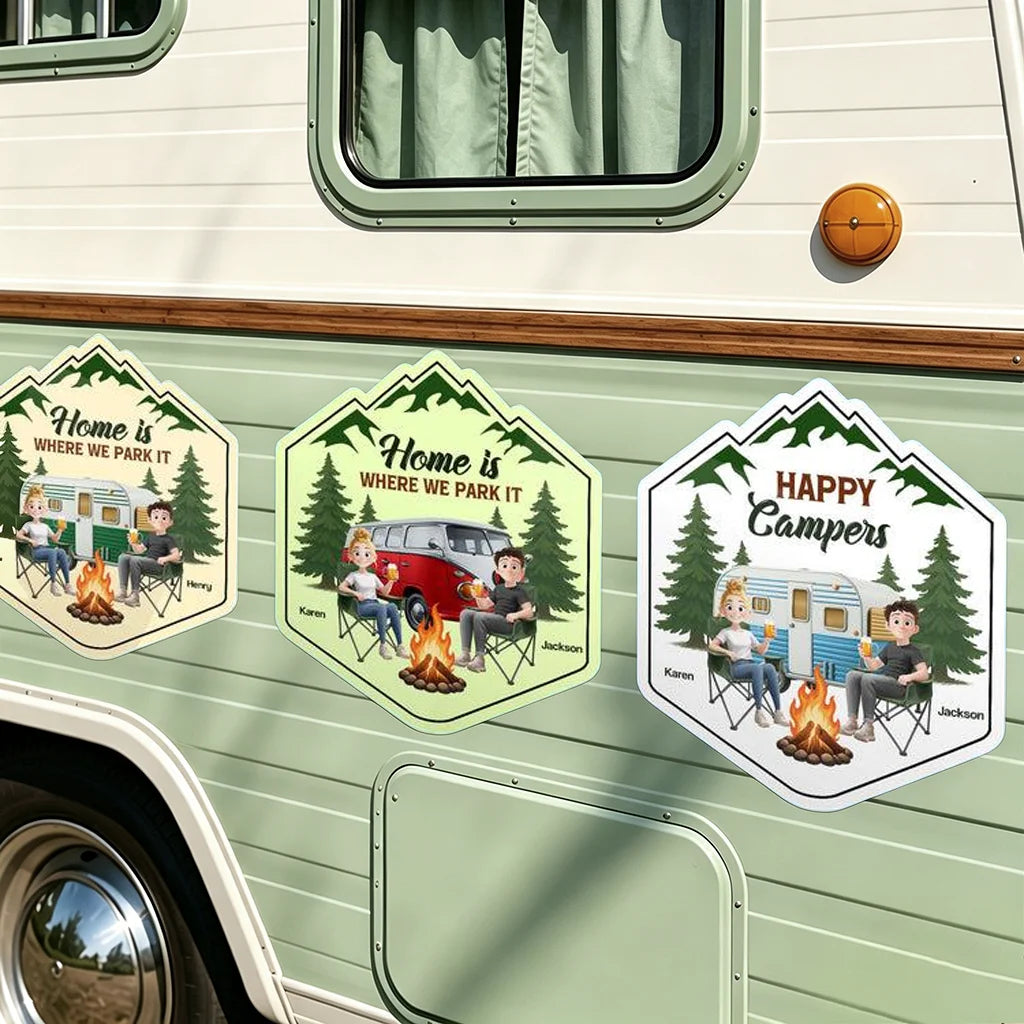 Home Is Where We Park It Sticker Decal, Personalized Couple at a Mountain Campfire, Creative Gift for Campers
