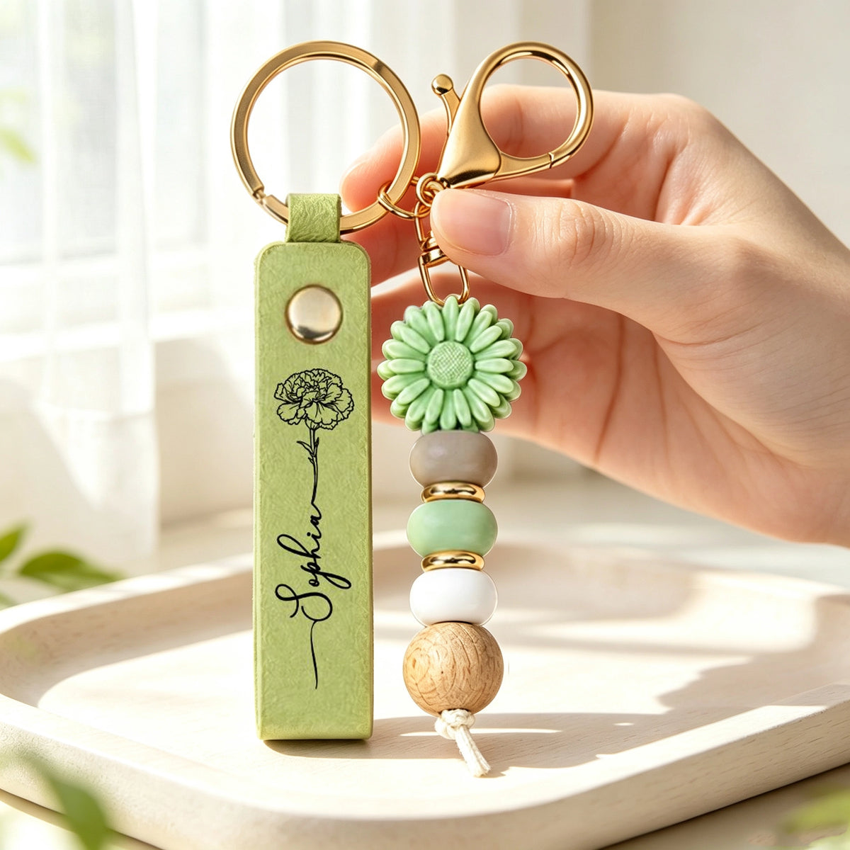 Personalized PU Leather Daisy Keychain, Pastel Birth Flower Sketch, Unique Creative Gift for Her