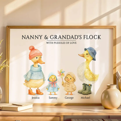 Personalized Grandparents Poster, Cute Watercolor Duck Family Wall Art, Unique Gift for Grandma & Grandpa, Warm Home Decor