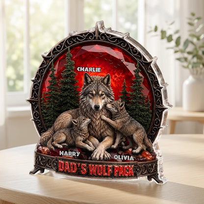 Personalized Shaped Acrylic Block Plaque, Dad's Wolf Pack Red Forest, Unique Gift for Dad