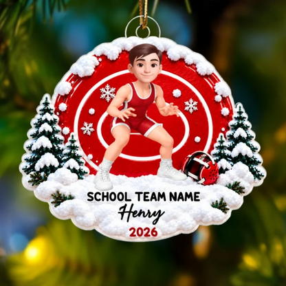 Personalized Acrylic Ornament, Young Wrestler in Action on a Snowy Mat, Unique Christmas Gift for Kids