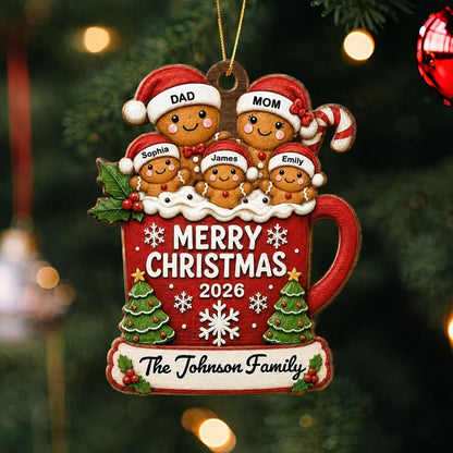 Personalized Wooden Ornament, Gingerbread Family in Hot Cocoa on a Christmas Tree, Unique Gift for Mom & Dad