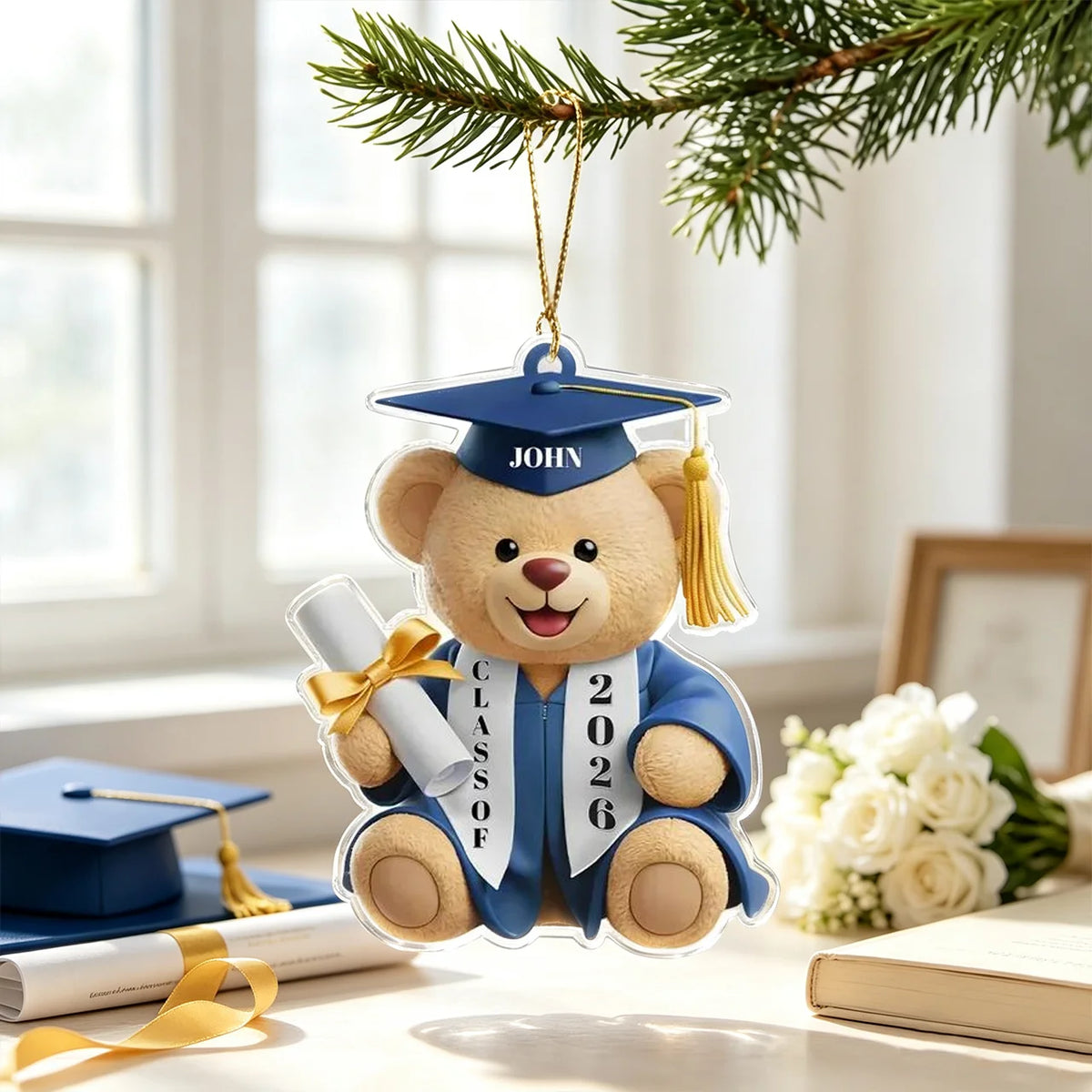 Personalized Acrylic Ornament, Teddy Bear Graduate Holding Diploma, Unique Gift for Tree Display