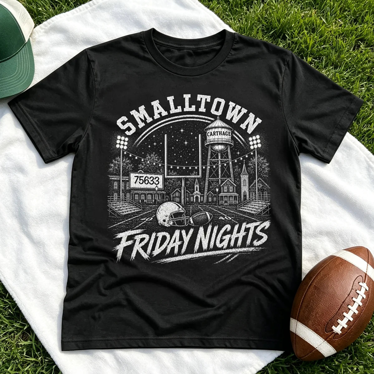 Classic Tee, Personalized Stadium Lights and Town Skyline Keepsake, Unique Gift for American Football Fans