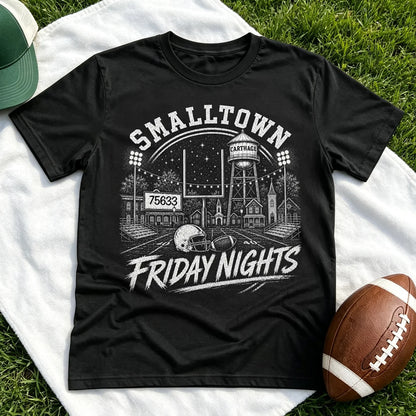 Classic Tee, Personalized Stadium Lights and Town Skyline Keepsake, Unique Gift for American Football Fans