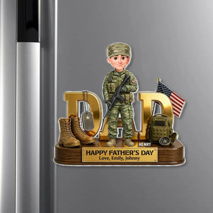 Proud Military Dad Acrylic Fridge Magnet, Personalized Creative Father's Day Gift With Standing Soldier & Flag