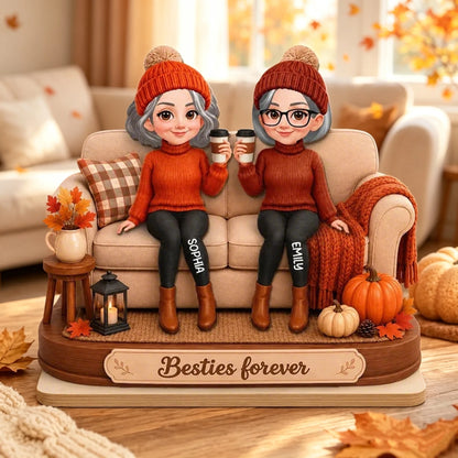 Personalized 2-Layer Wooden Plaque, Coffee Friends on Sofa, Unique Creative Gift for Close Friend