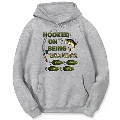 "Personalized Grandpa Fishing T-Shirt/Hoodie - Hooked on Being Grandpa - Ideal Father's Day or Birthday Gift"