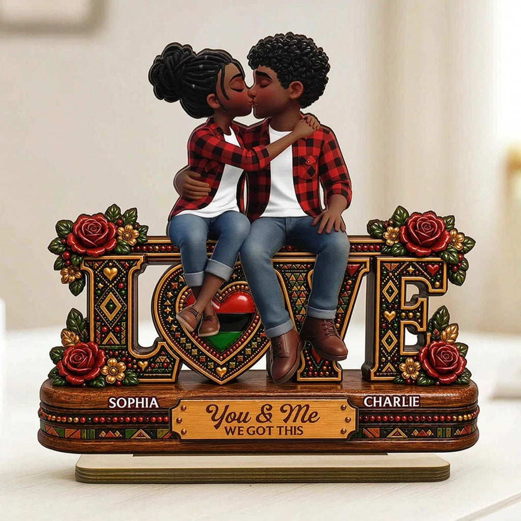 Personalized 2-Layer Wooden Plaque With Kissing Couple & Roses, Unique Gift for Couple
